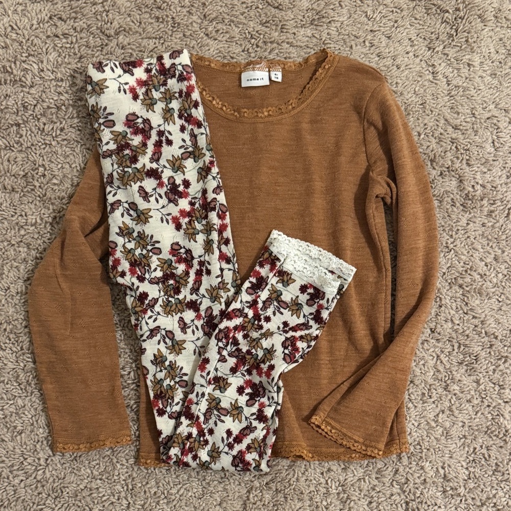 Merino wool set with Brown Long Sleeve Top and Floral wool pants size 6 girls